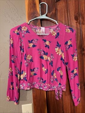 Justice Pink Floral V-Neck Long Sleeve Tie-Hem Top